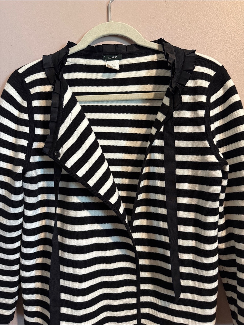 J. Crew Black and White Striped Ruffle Tie-Neck Cardigan - Picture 4 of 4